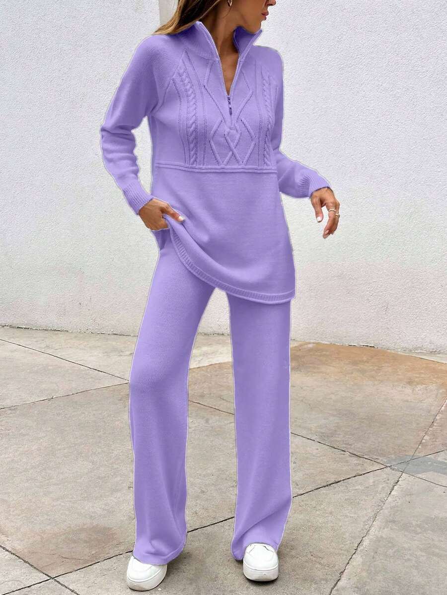 Strikket sæt dame med half zip trøje i kabelmønster og bukser med vide ben, Lilla, billede 2