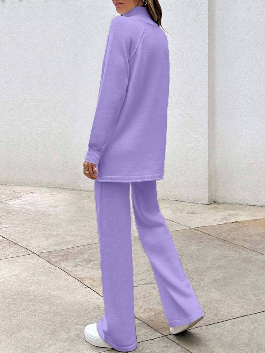Strikket sæt dame med half zip trøje i kabelmønster og bukser med vide ben, Lilla, billede 3