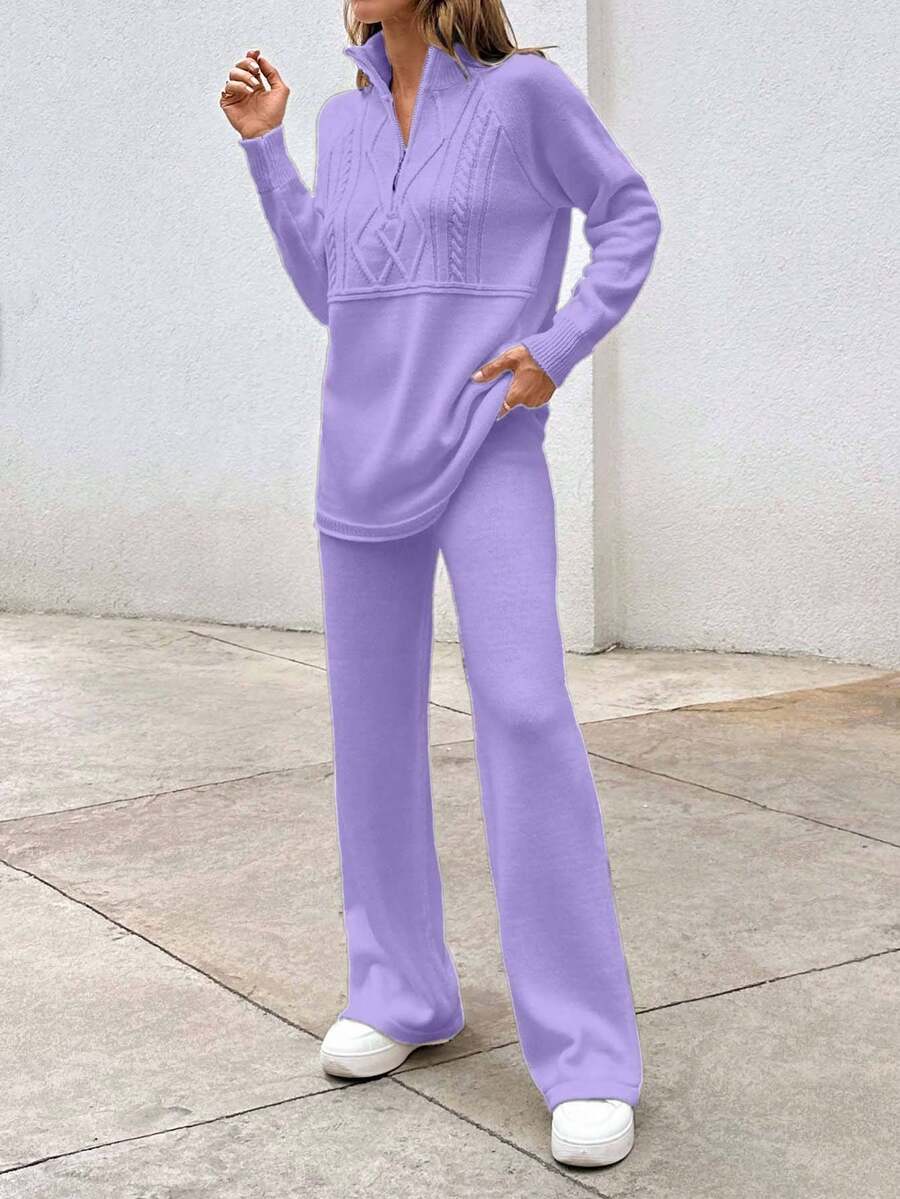 Strikket sæt dame med half zip trøje i kabelmønster og bukser med vide ben, Lilla, billede 6