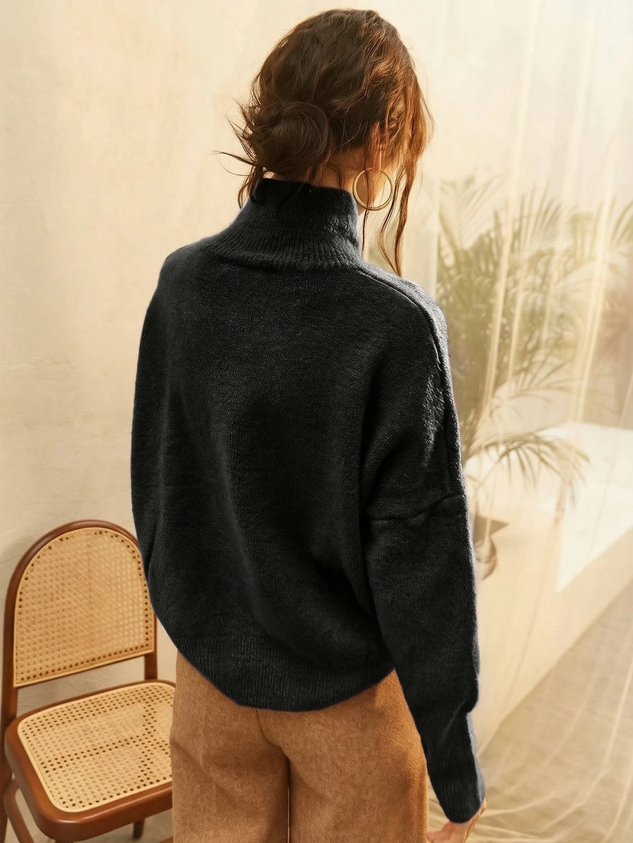 Striktrøje dame med høj hals og nedhængte skuldre, blød og luftig pullover i afslappet pasform, Sort, billede 2