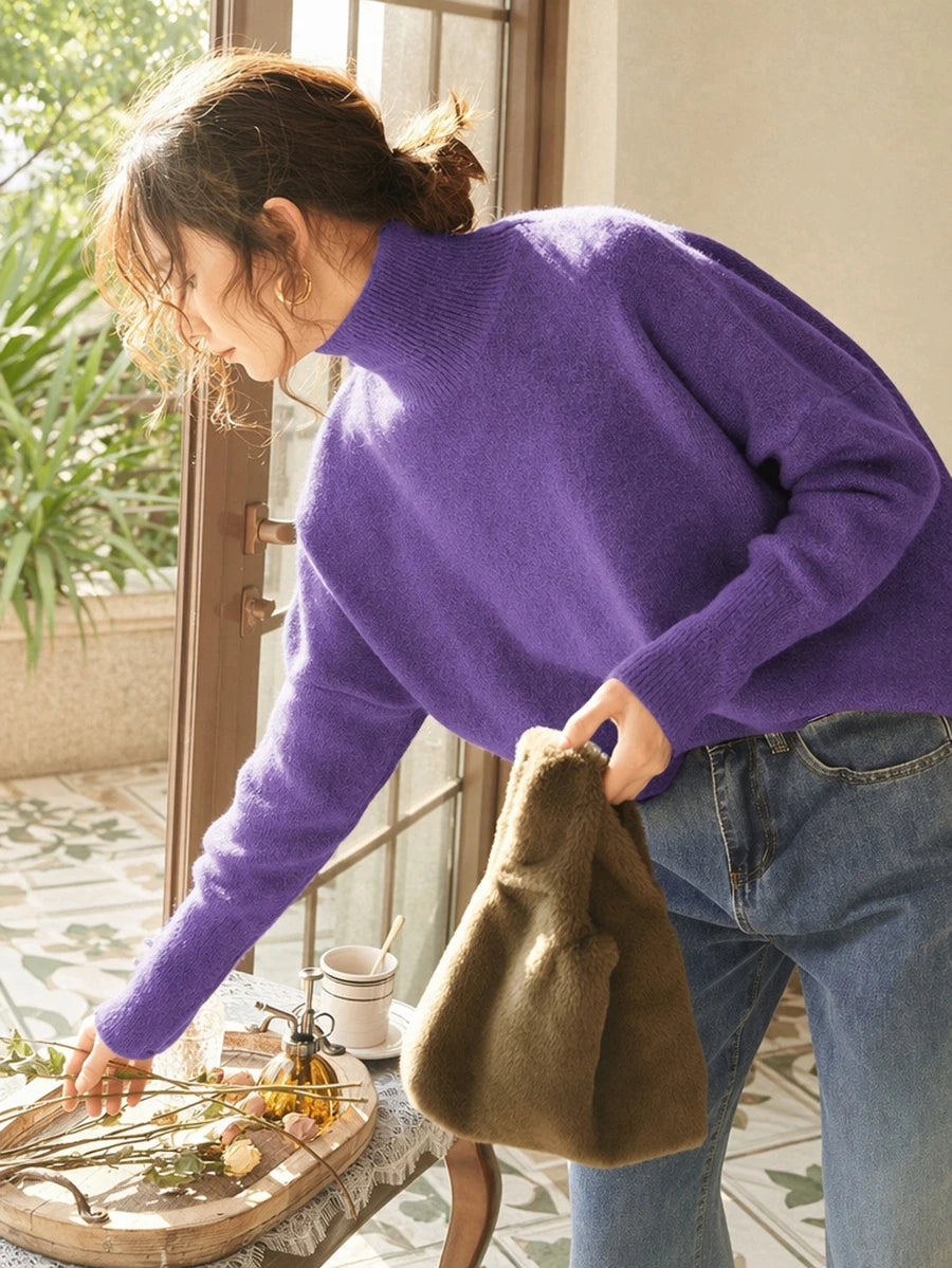Striktrøje dame med høj hals og nedhængte skuldre, blød og luftig pullover i afslappet pasform, Lilla, billede 7