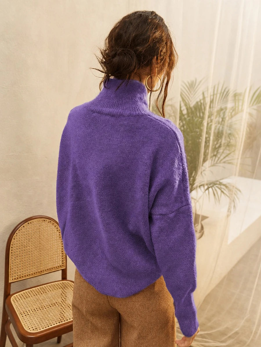 Striktrøje dame med høj hals og nedhængte skuldre, blød og luftig pullover i afslappet pasform, Lilla, billede 8