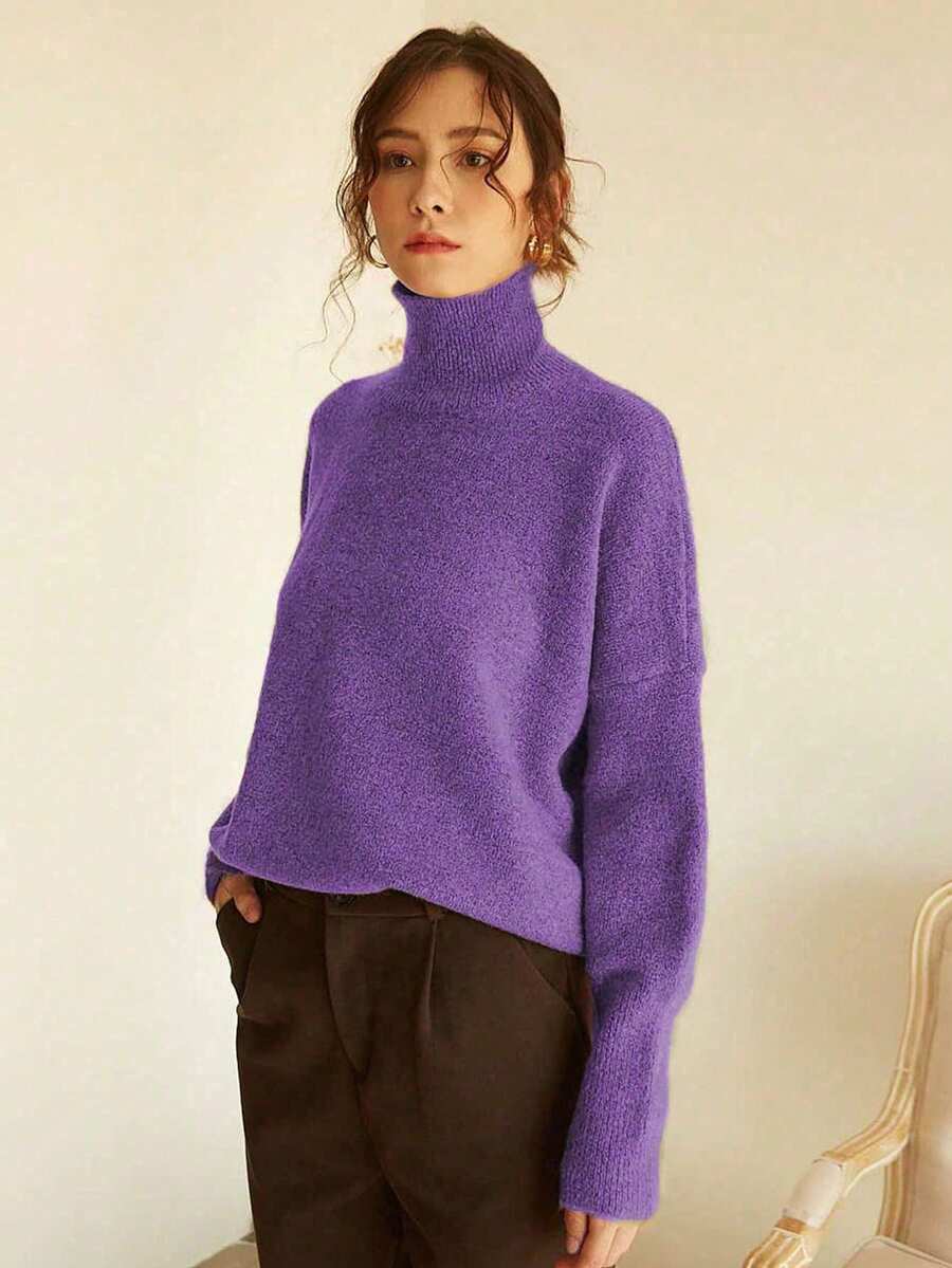 Striktrøje dame med høj hals og nedhængte skuldre, blød og luftig pullover i afslappet pasform, Lilla, billede 10