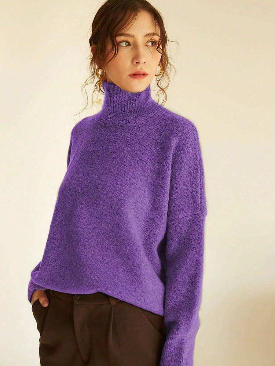 Striktrøje dame med høj hals og nedhængte skuldre, blød og luftig pullover i afslappet pasform, Lilla, billede 11