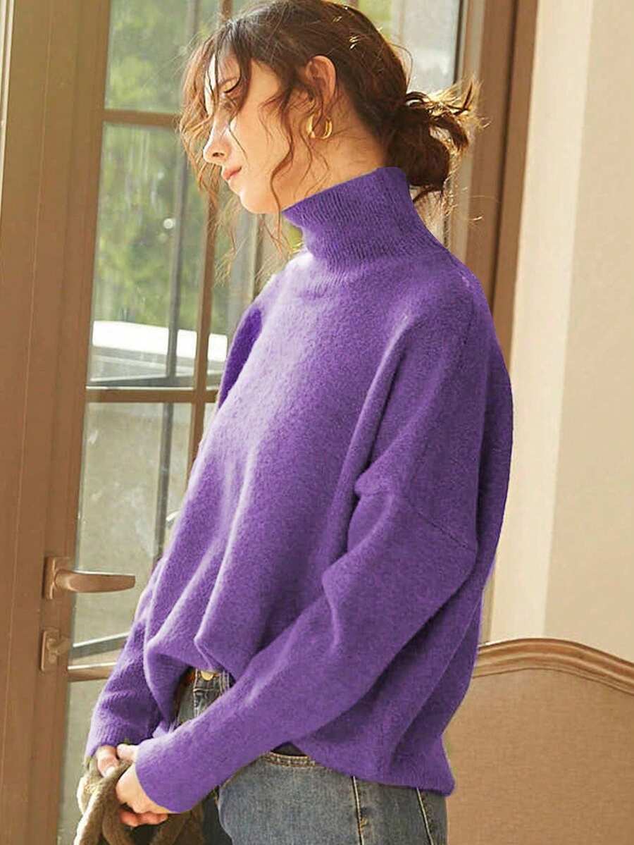 Striktrøje dame med høj hals og nedhængte skuldre, blød og luftig pullover i afslappet pasform, Lilla, billede 12
