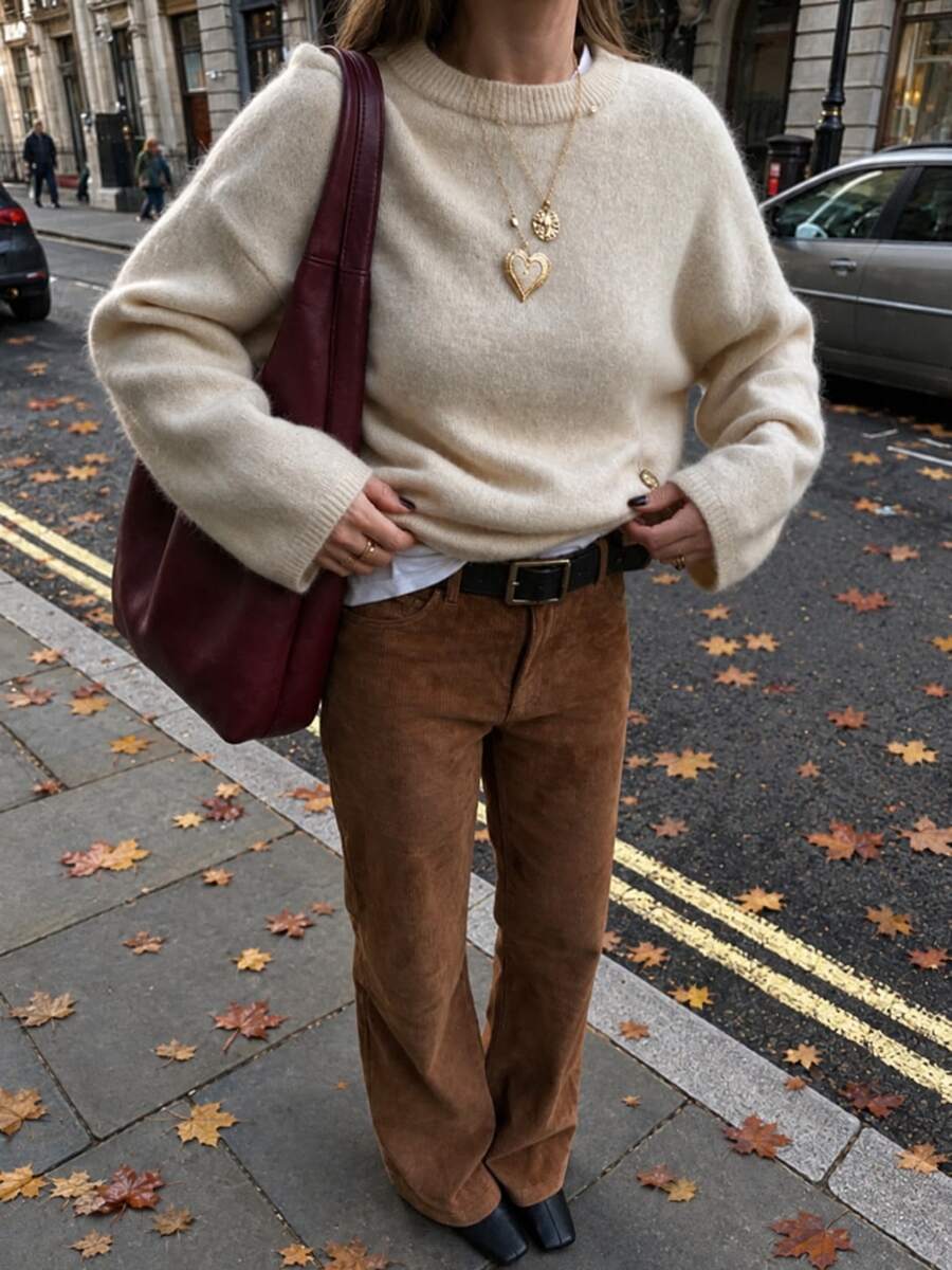Striktrøje dame med rund hals og ribkant, blød børstet pullover med nedhængt skulder, Beige, billede 2