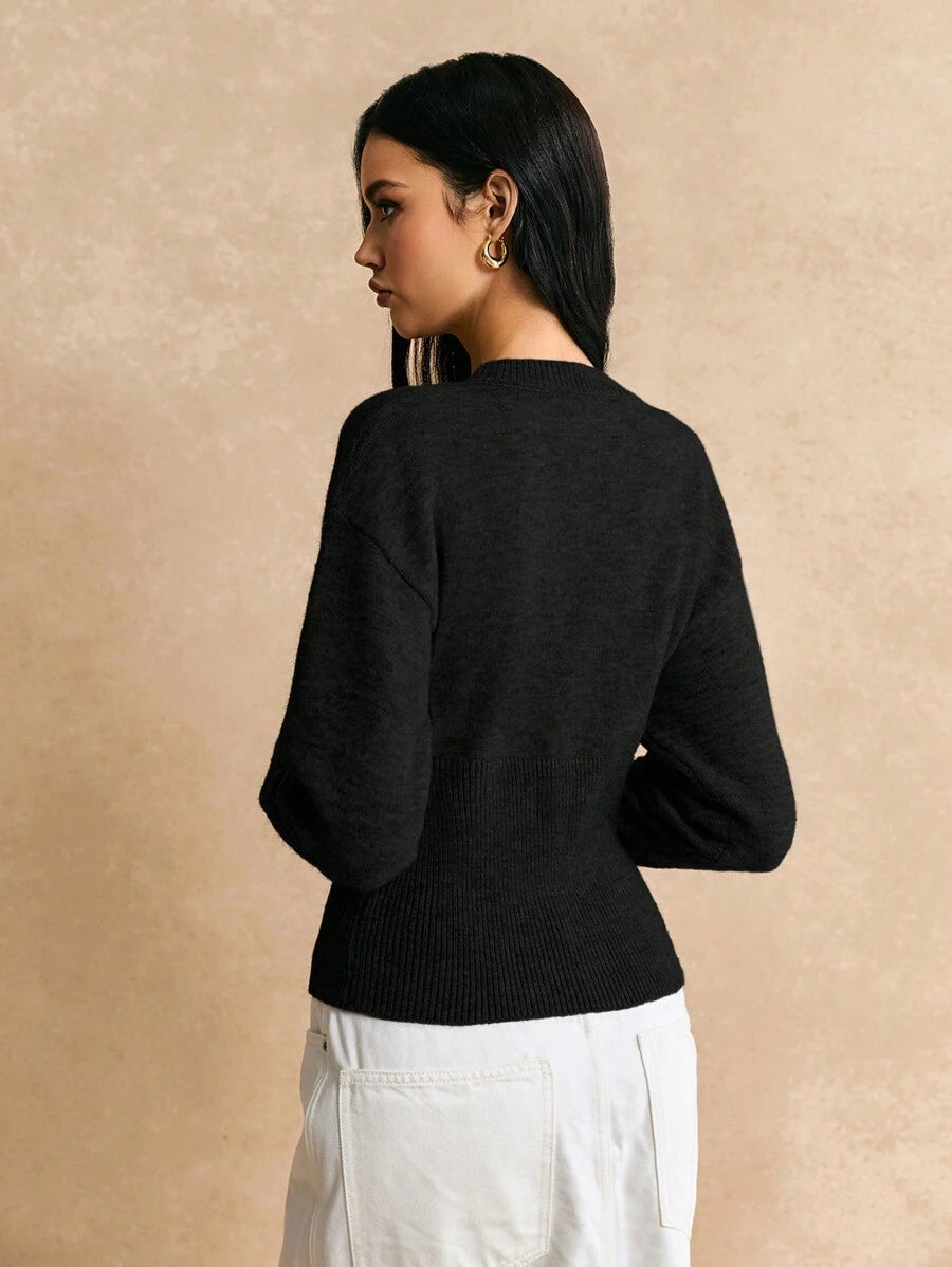 Striktrøje dame med trykknapper, kort cardigan i slim fit med bred ribkant, Sort, billede 3
