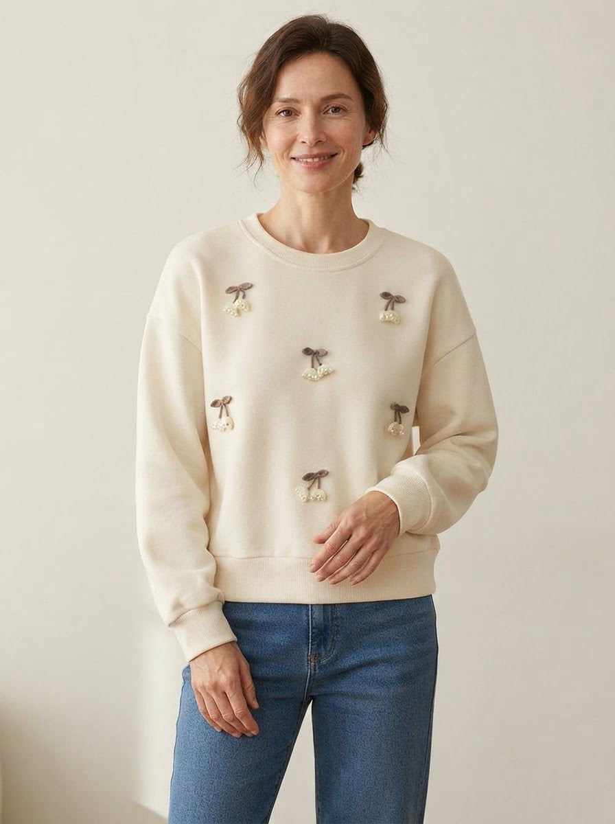 Sweatshirt dame med 3D-broderi og små perler, rund hals og nedhængte skuldre, Abrikos