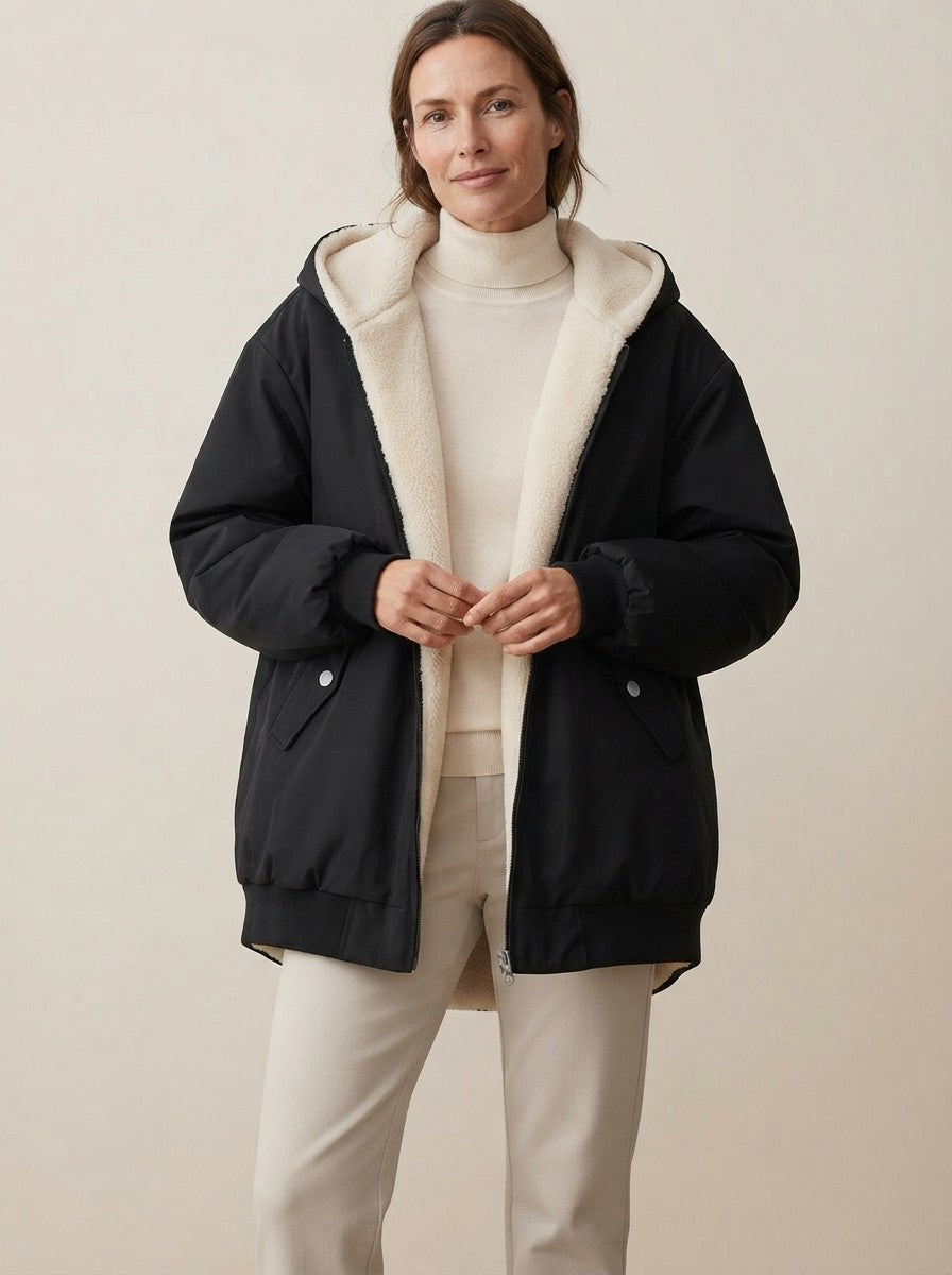 Teddy jakke dame med hætte, vendbar og oversize, kort vinterjakke med lynlås, Sort og hvid