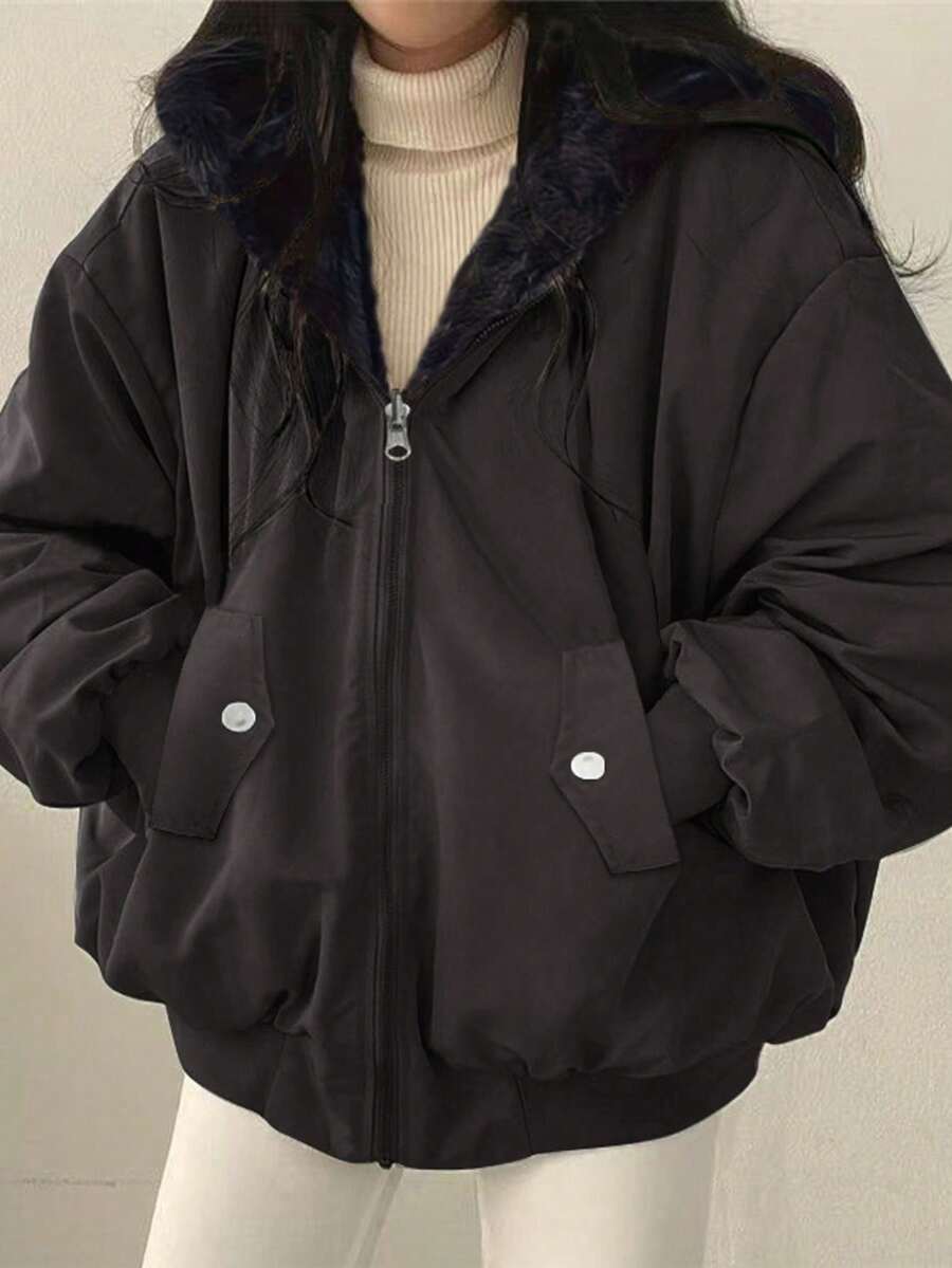 Teddy jakke dame med hætte, vendbar og oversize, kort vinterjakke med lynlås, Sort, billede 11