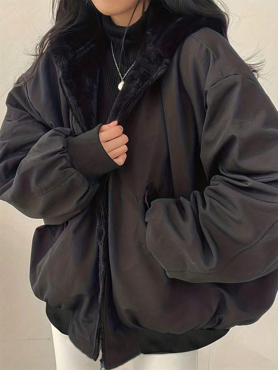 Teddy jakke dame med hætte, vendbar og oversize, kort vinterjakke med lynlås, Sort, billede 12