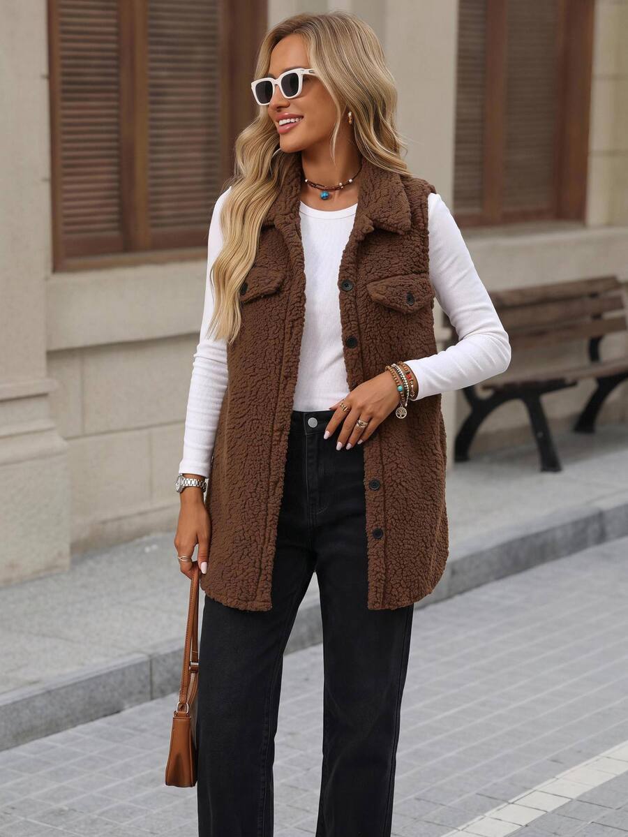 Teddy vest dame, lang med krave, knapper og løs pasform, Brun, billede 4