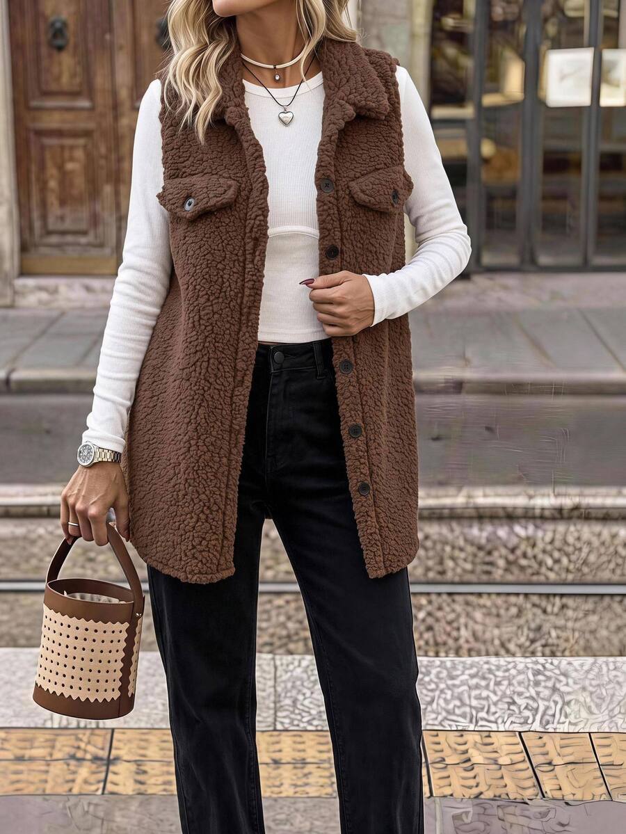 Teddy vest dame, lang med krave, knapper og løs pasform, Brun, billede 6