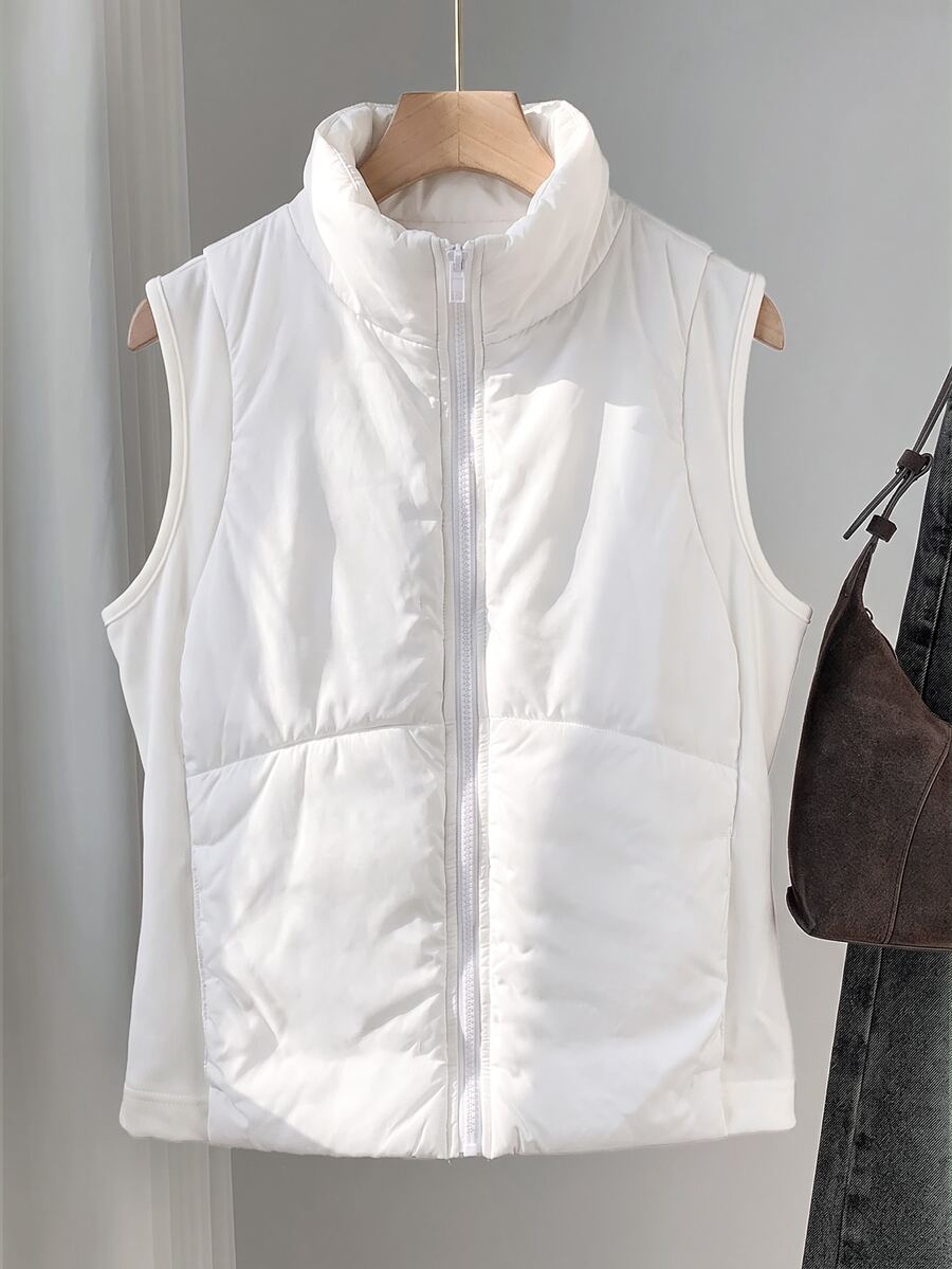 Vatteret vest dame med opstående krave og lynlås, kort model med glatte sidepaneler, Hvid, billede 6