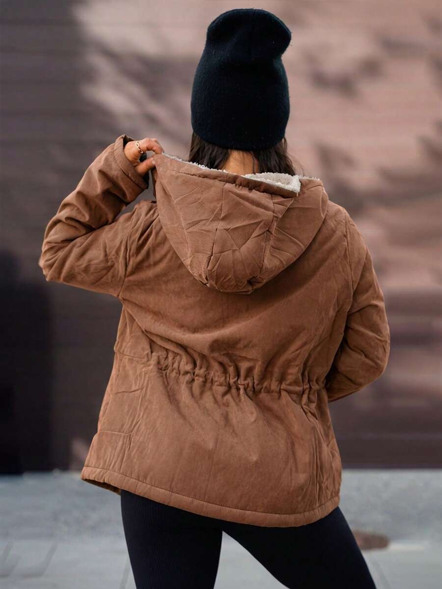 Vinterjakke dame, parka med teddyfor i hætten og snøre i taljen, vatteret og hoftelang, Rustbrun, billede 2