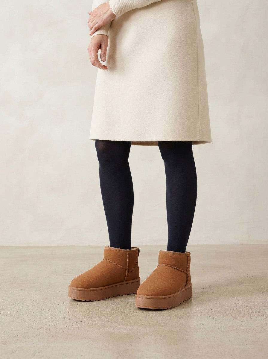 Vinterstøvler dame med foer og plateausål, kort model i velourlook, Gul